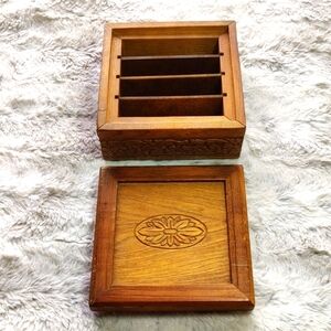 Hand Carved Wooden Jewelry Sectioned Box with Floral Engraving